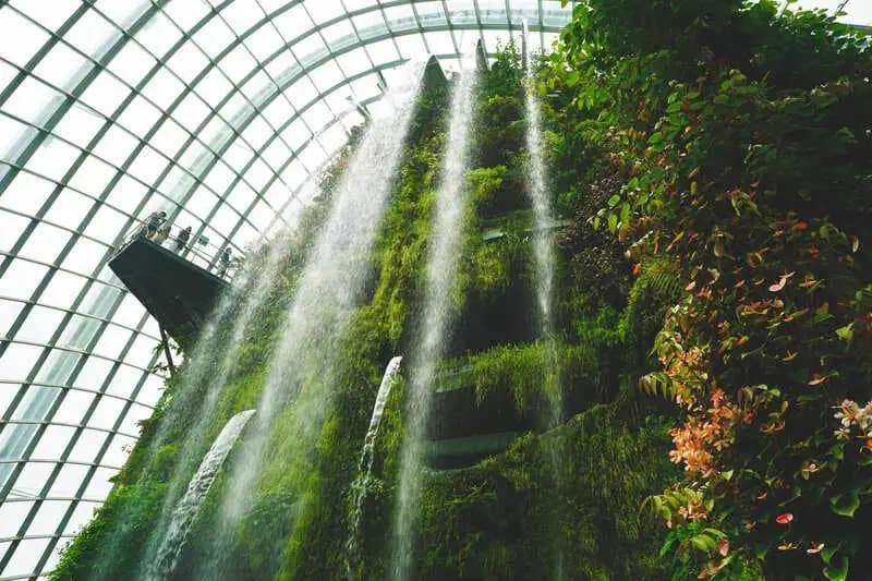 Waterfall with glass roof.
